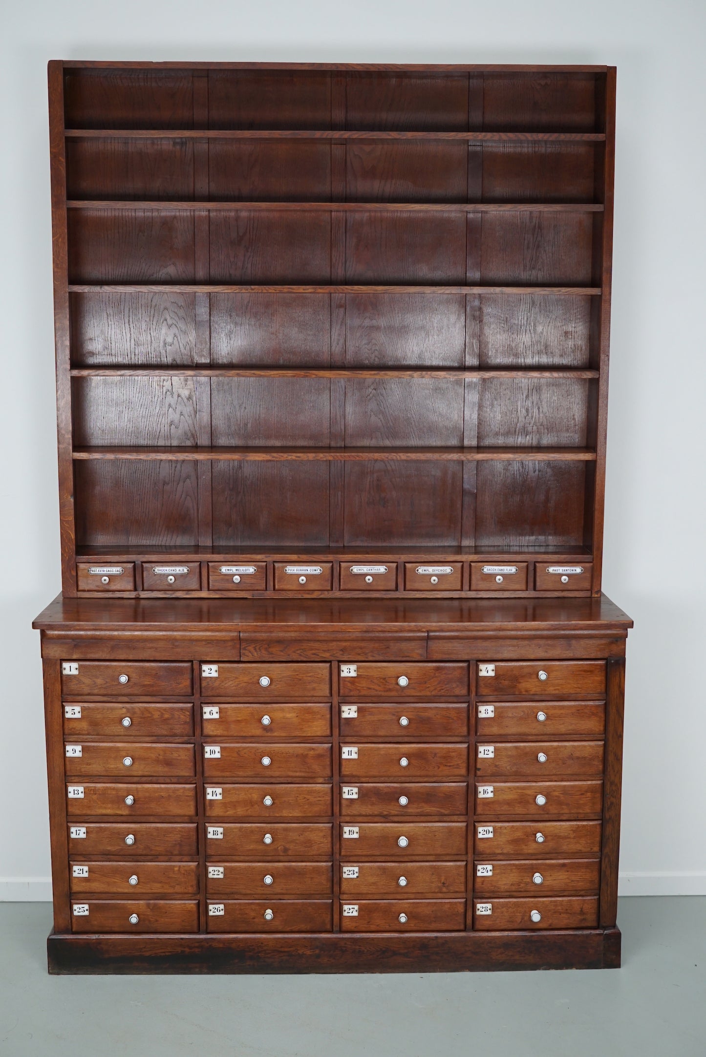 Large German Oak Apothecary Cabinet with Enamel Shields, Late 19th Century