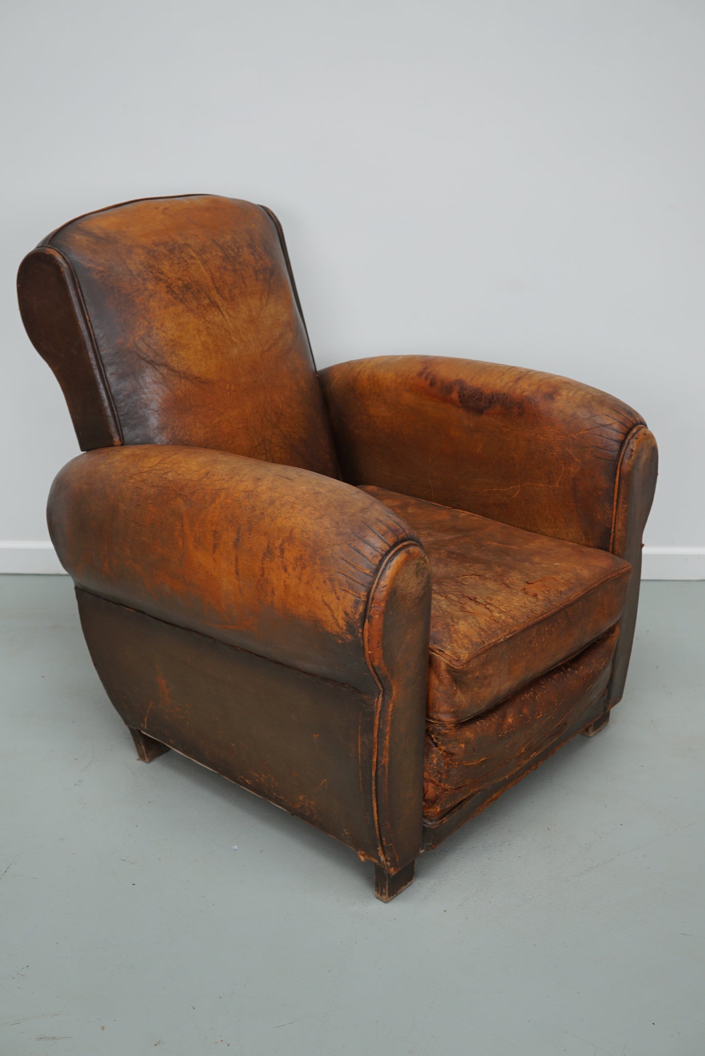 Vintage French Elephant Back Cognac-Colored Leather Club Chair, 1940s