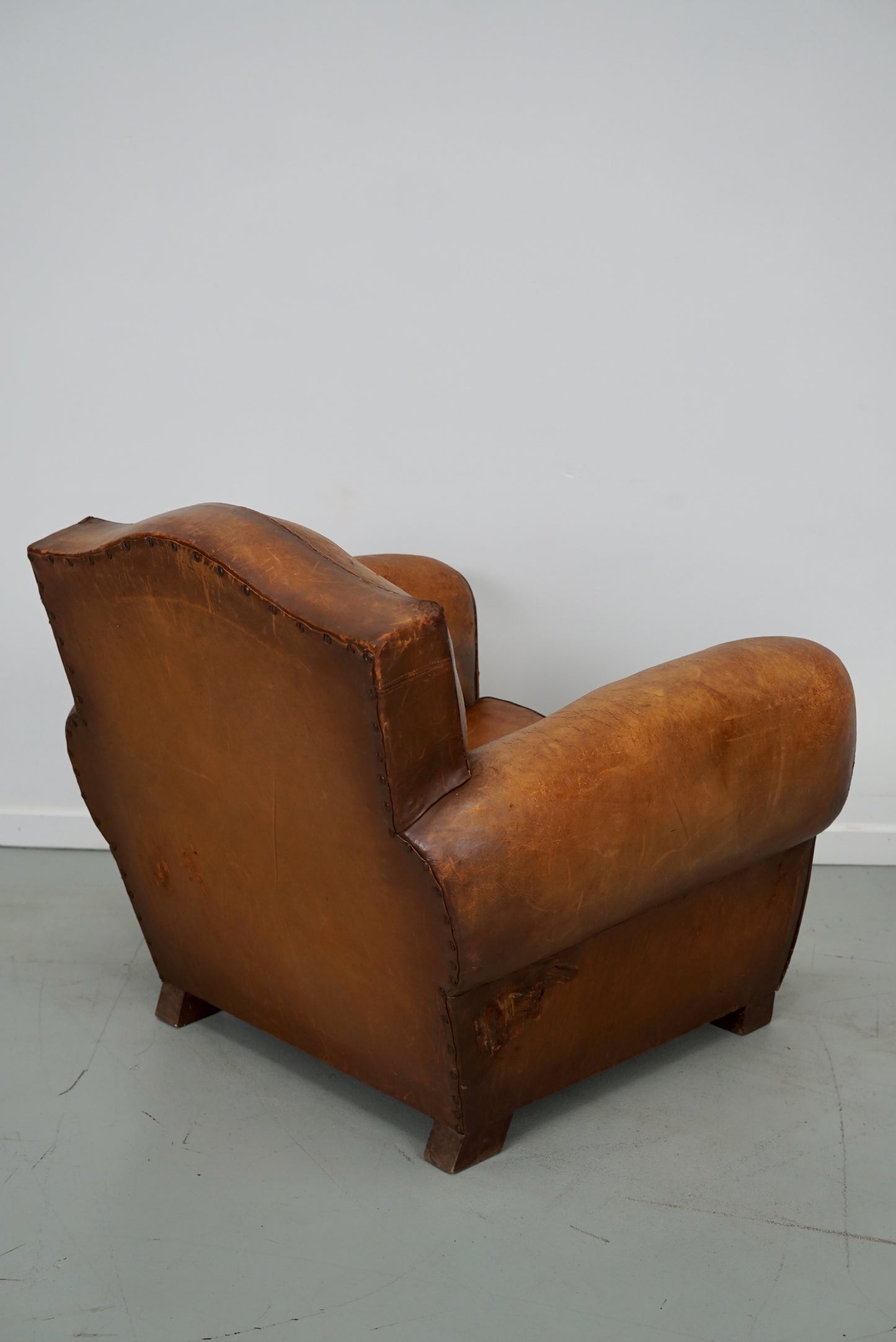 Vintage French Moustache Back Cognac-Colored Leather Club Chair, 1940s