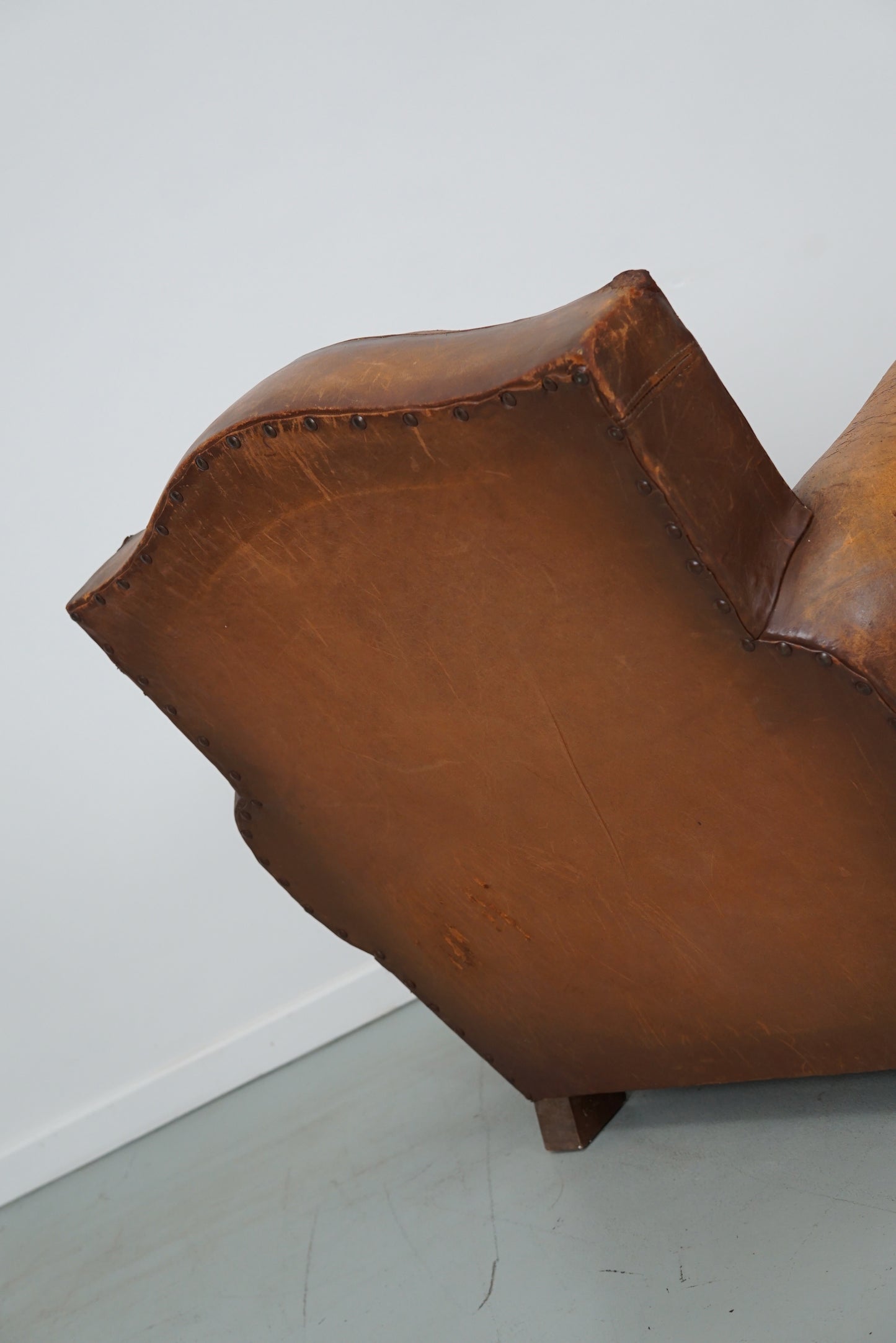 Vintage French Moustache Back Cognac-Colored Leather Club Chair, 1940s
