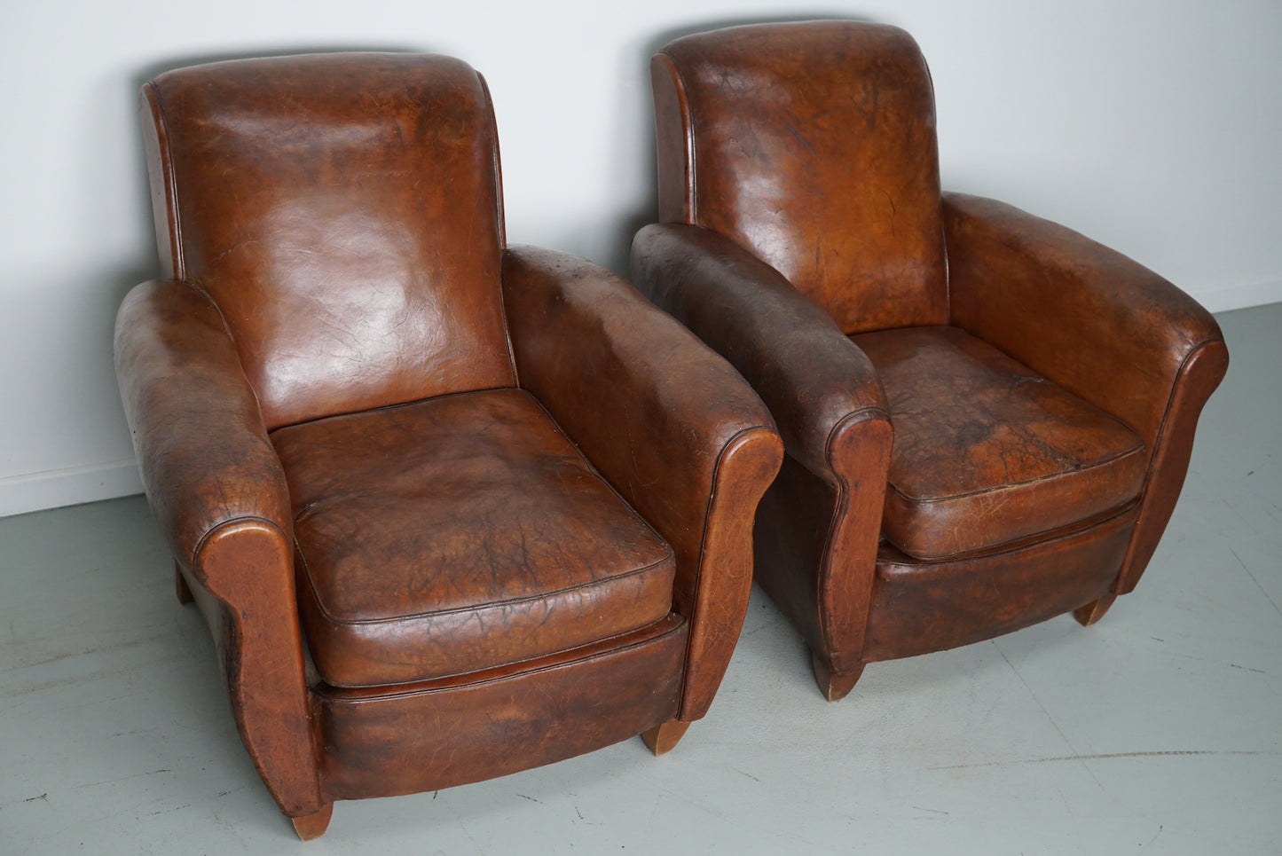 Pair of Vintage French Cognac Leather Club Chairs, Set of 2