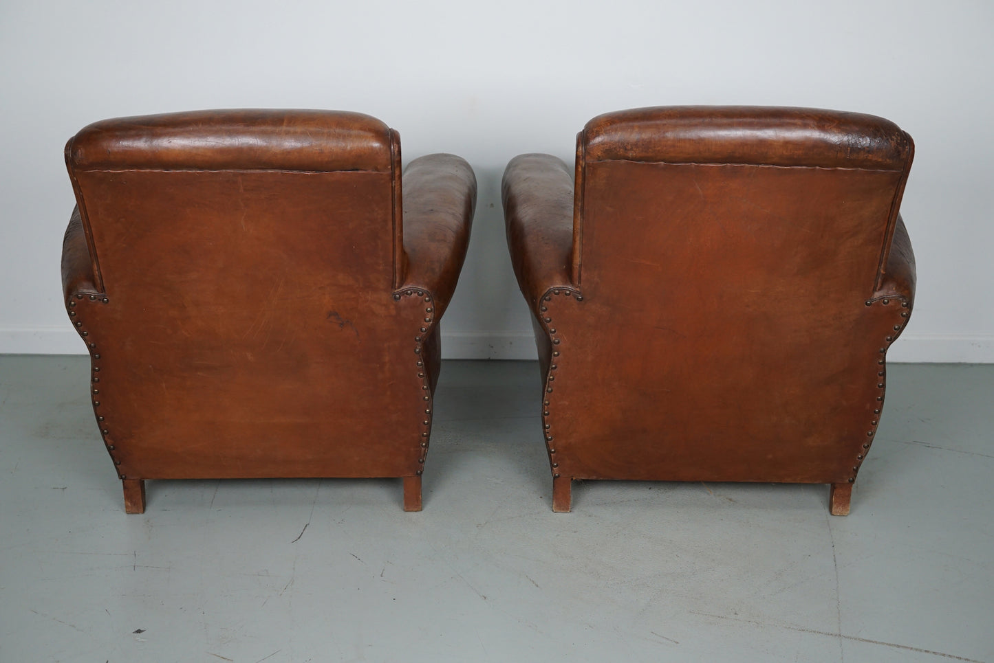 Pair of Vintage French Cognac Leather Club Chairs, Set of 2