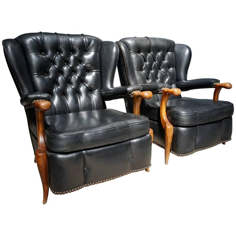 Pair of French Black Leather Chesterfield Club Chairs, 1940s
