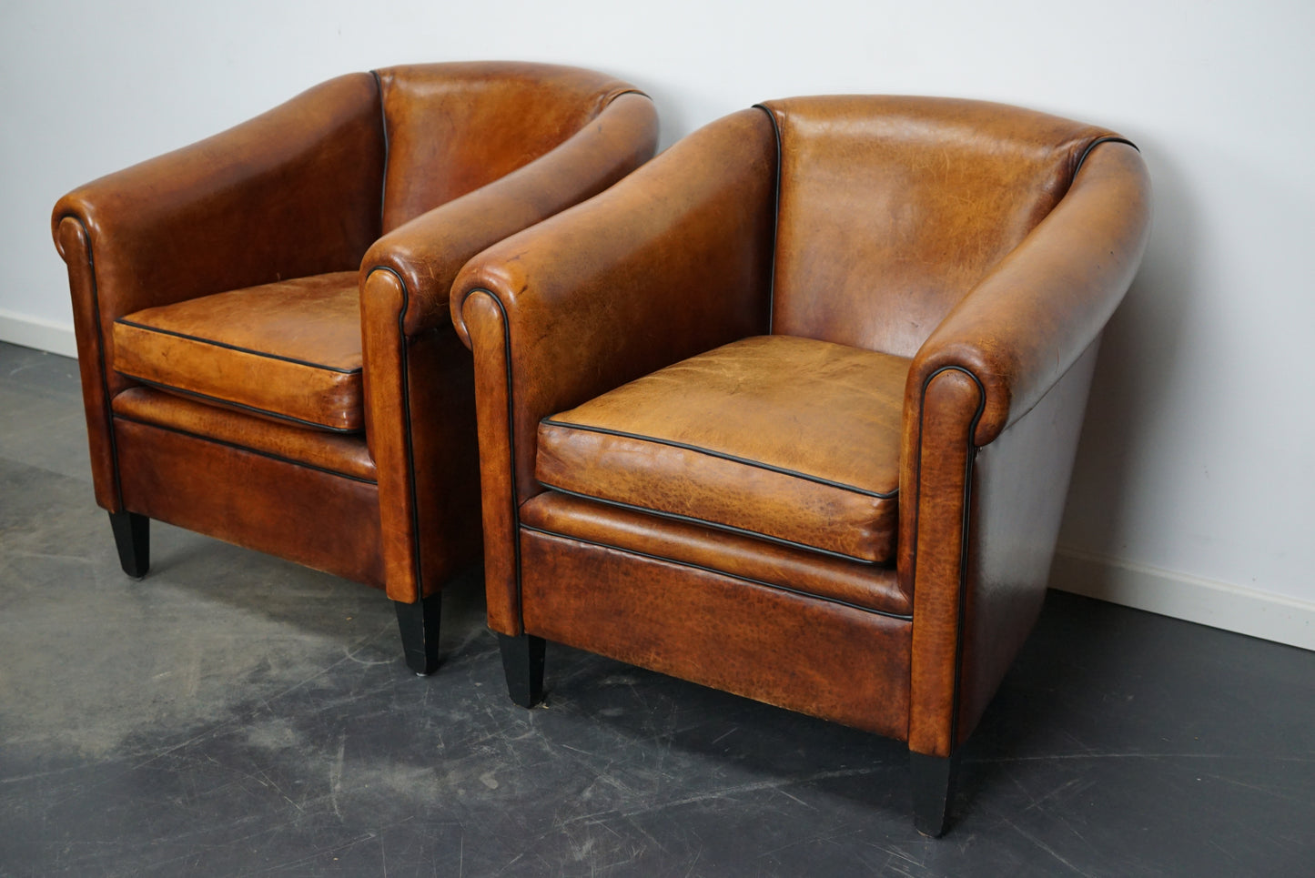 Vintage Dutch Cognac Colored Leather Club Chair, Set of 2