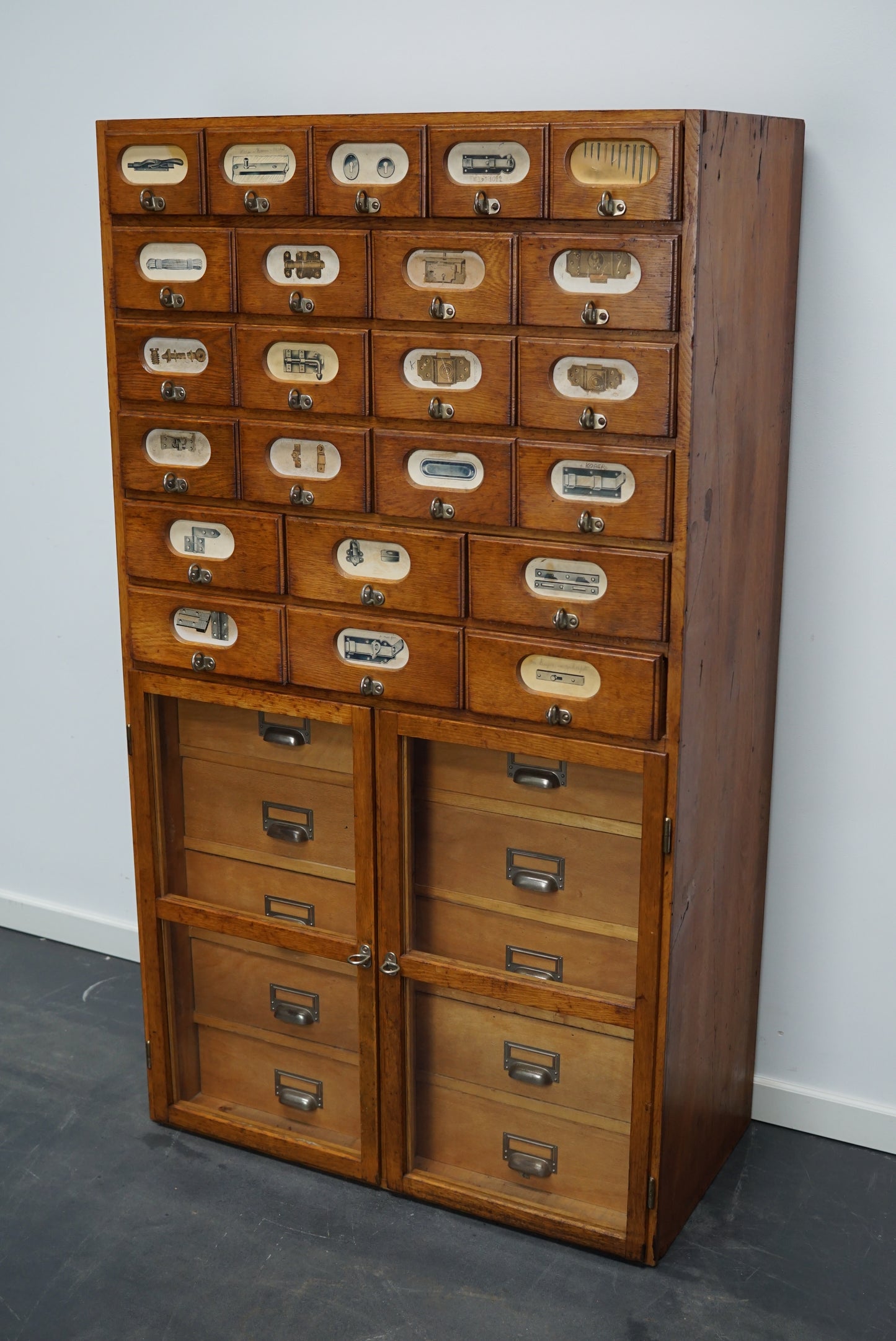 German Industrial Oak and Pine Apothecary Cabinet, Mid-20th Century