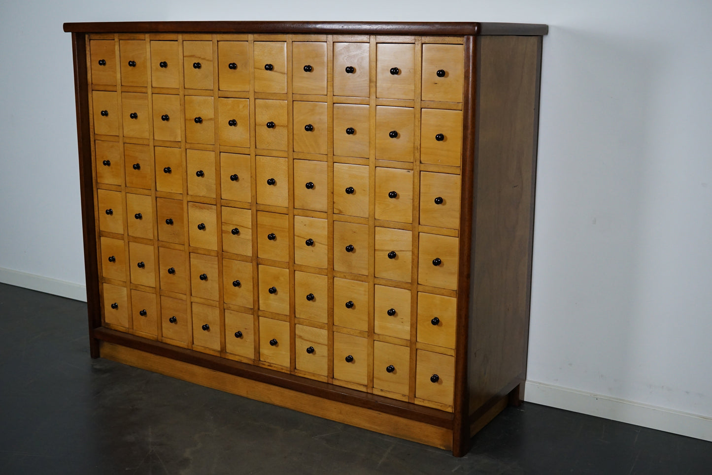 Dutch Industrial Beech and Oak Apothecary Cabinet, Mid-20th Century