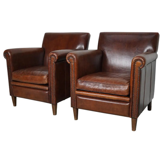 Vintage Dutch Cognac Leather Club Chairs Art Deco Style, Set of 2