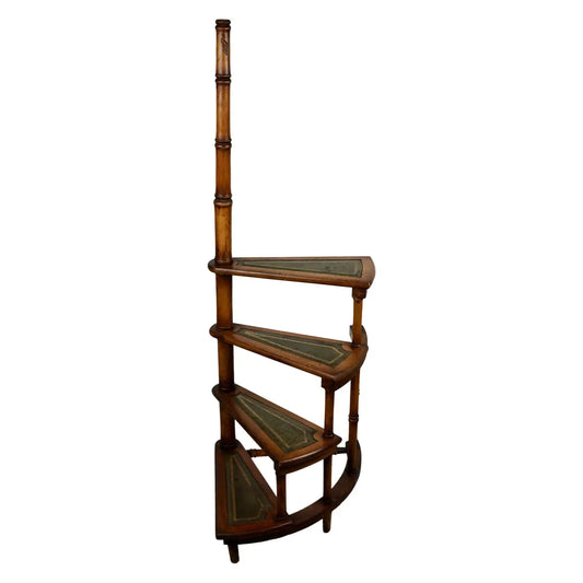 Large Library Stairs / Steps Mid-20th Century Ladder Carved Wood Green Leather