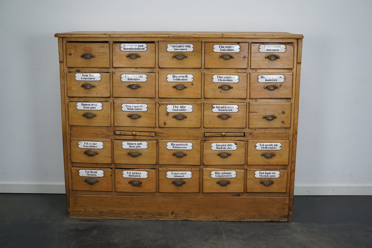 Antique German Pine Apothecary Cabinet with Enamel Shields, 1900s