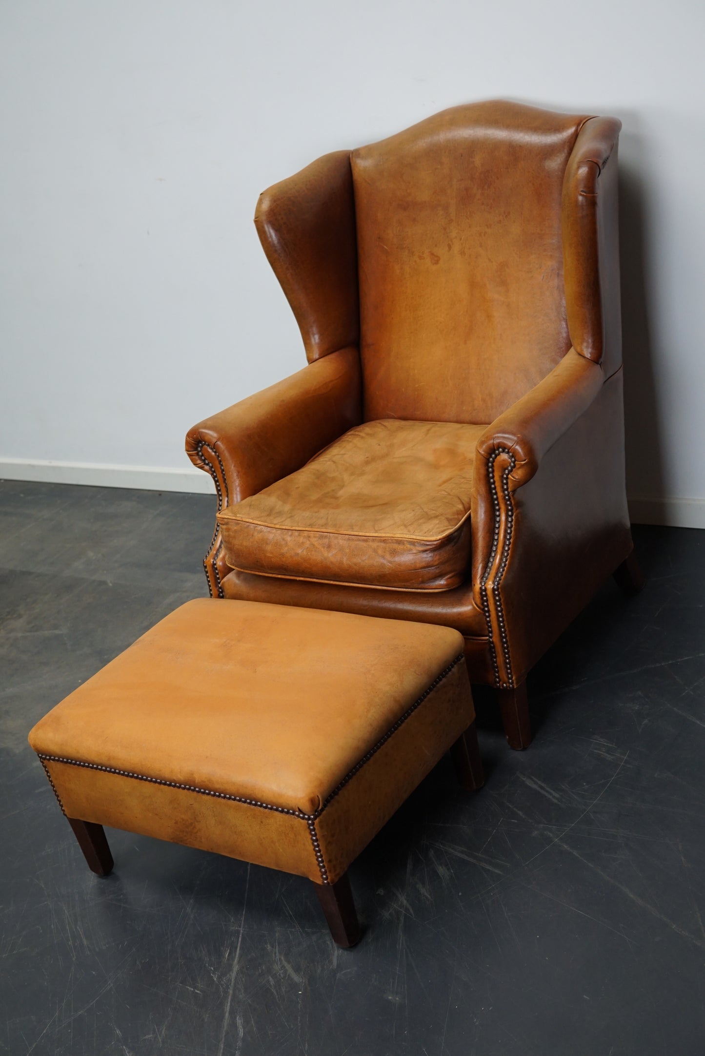 Vintage Dutch Cognac Colored Wingback Leather Club Chair with Footstool