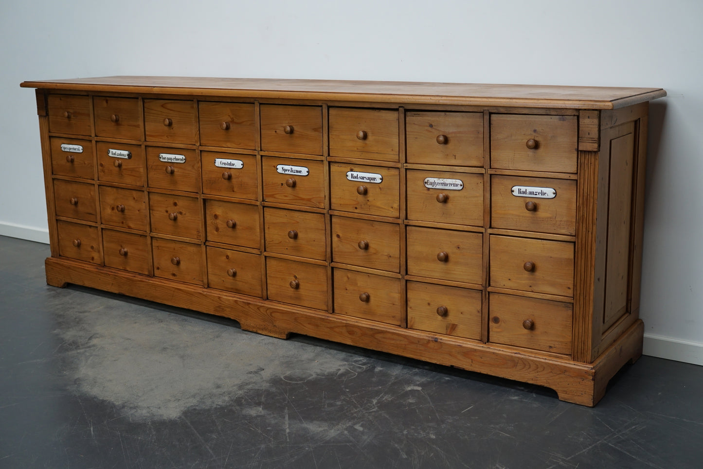Large German Pine Apothecary Cabinet with Enamel Shields, 1930s