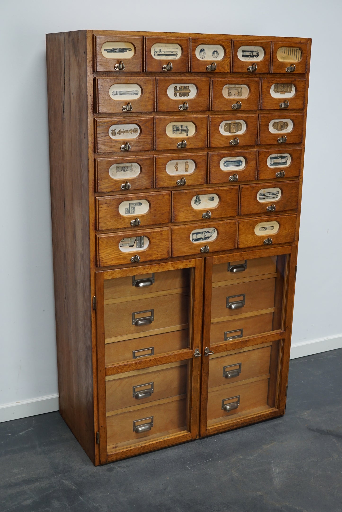 German Industrial Oak and Pine Apothecary Cabinet, Mid-20th Century