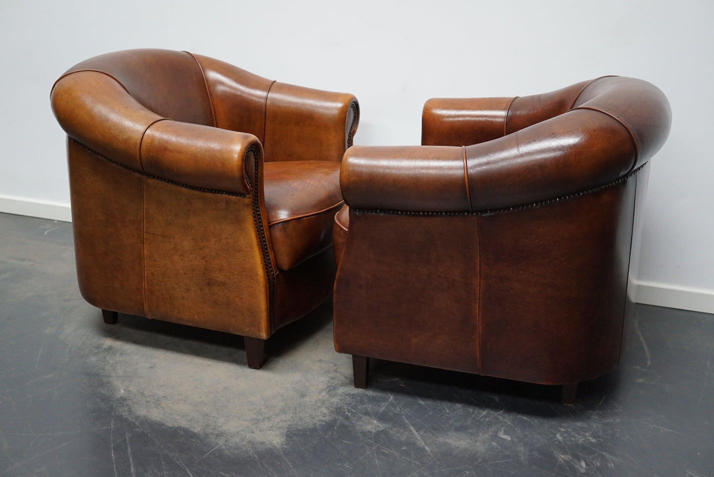 Vintage Dutch Cognac Leather Club Chairs, Set of 2