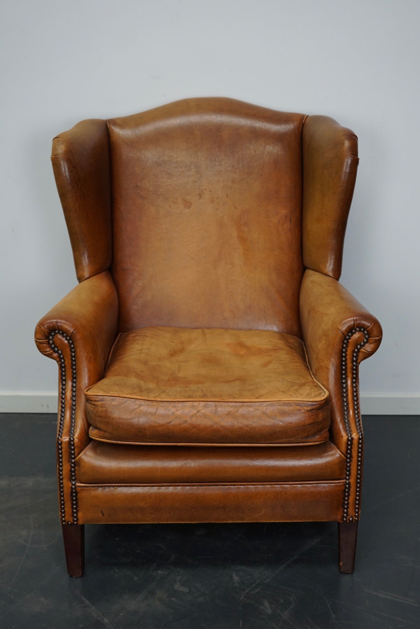Vintage Dutch Cognac Colored Wingback Leather Club Chair with Footstool