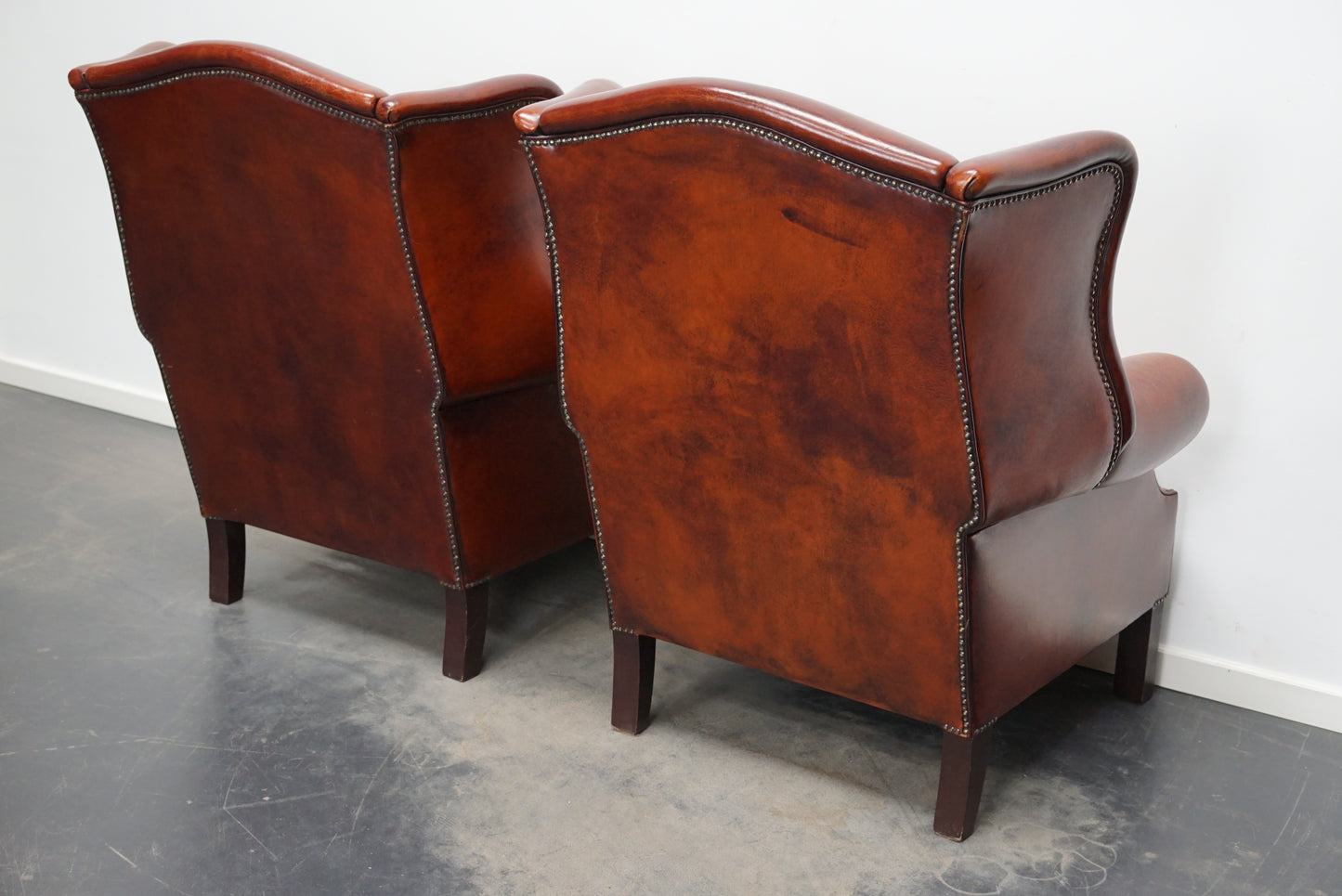 Vintage Dutch Cognac Leather Wingback Club Chairs, Set of 2