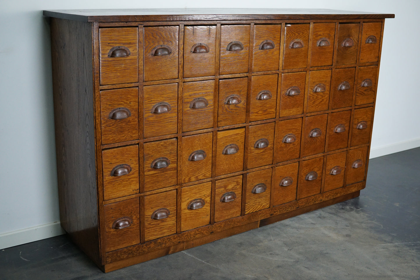 Dutch Industrial Oak Apothecary Cabinet / Bank of Drawers, 1940s
