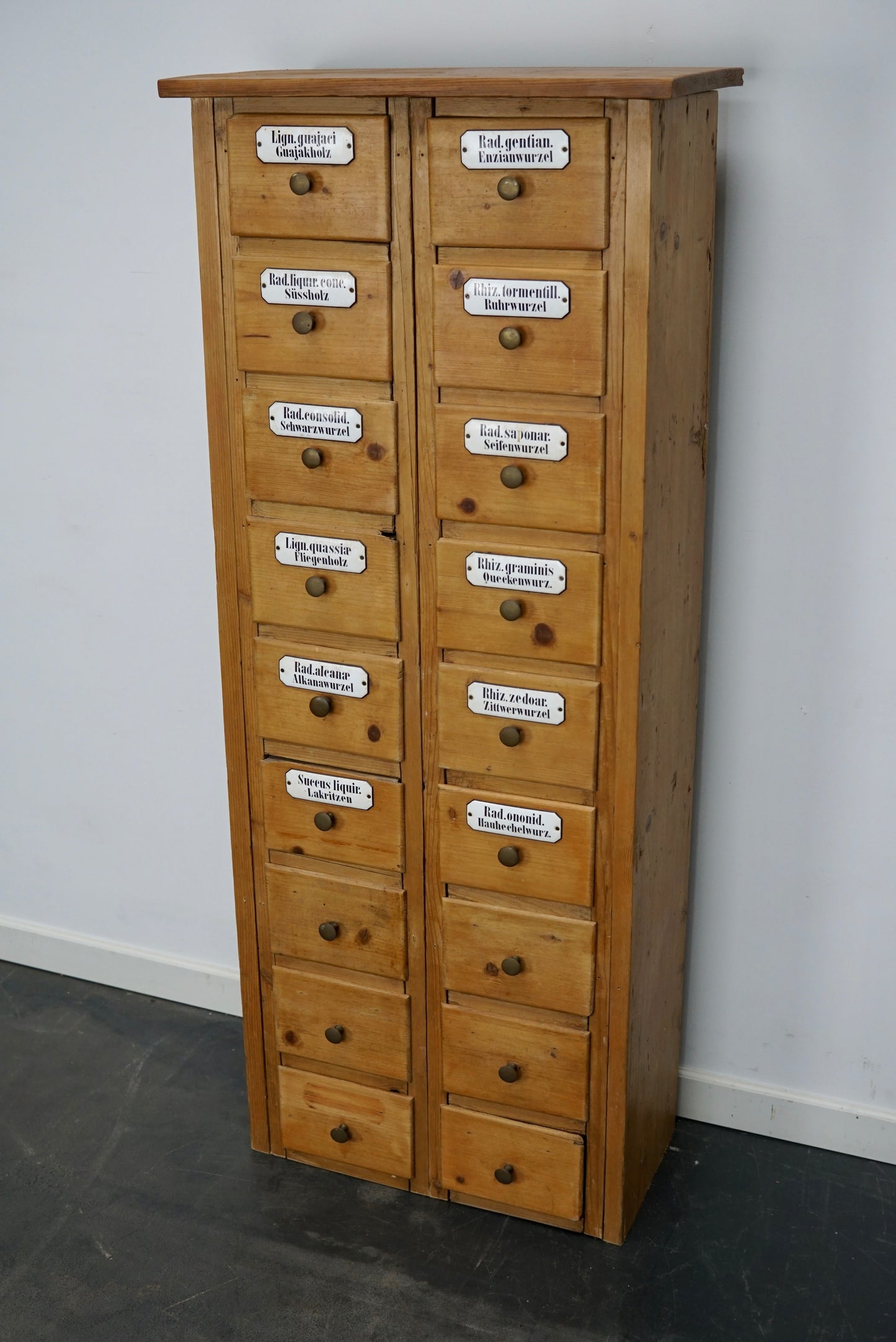 Antique German Pine Apothecary Cabinet with Enamel Shields, 1900s