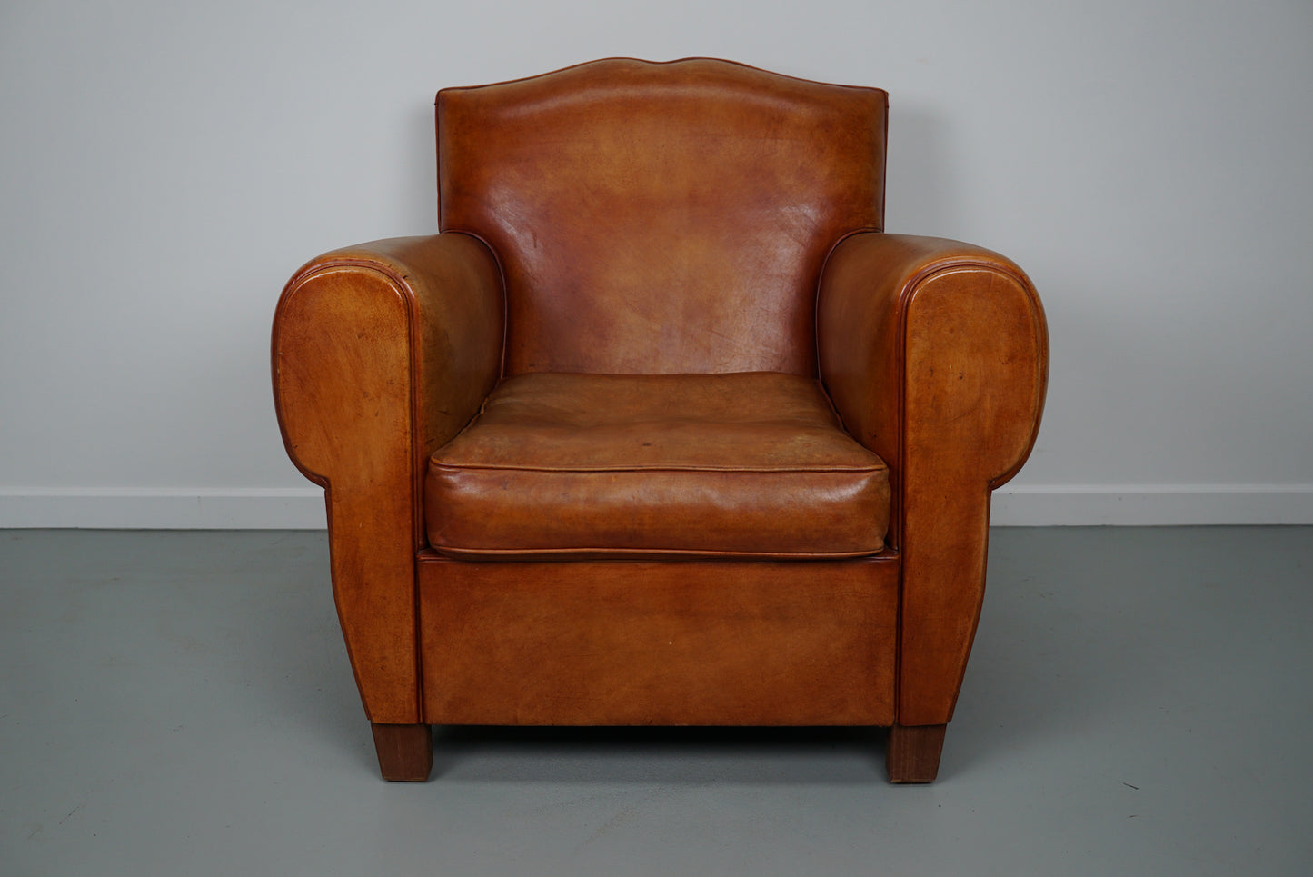 Vintage French Moustache Back Cognac-Colored Leather Club Chair