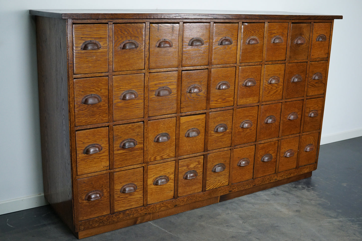 Dutch Industrial Oak Apothecary Cabinet / Bank of Drawers, 1940s
