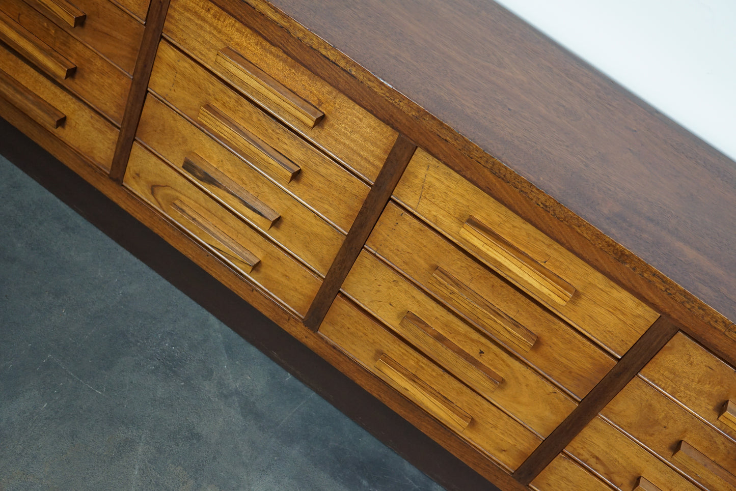 German Industrial Walnut Apothecary Cabinet / Lowboard, Mid-20th Century