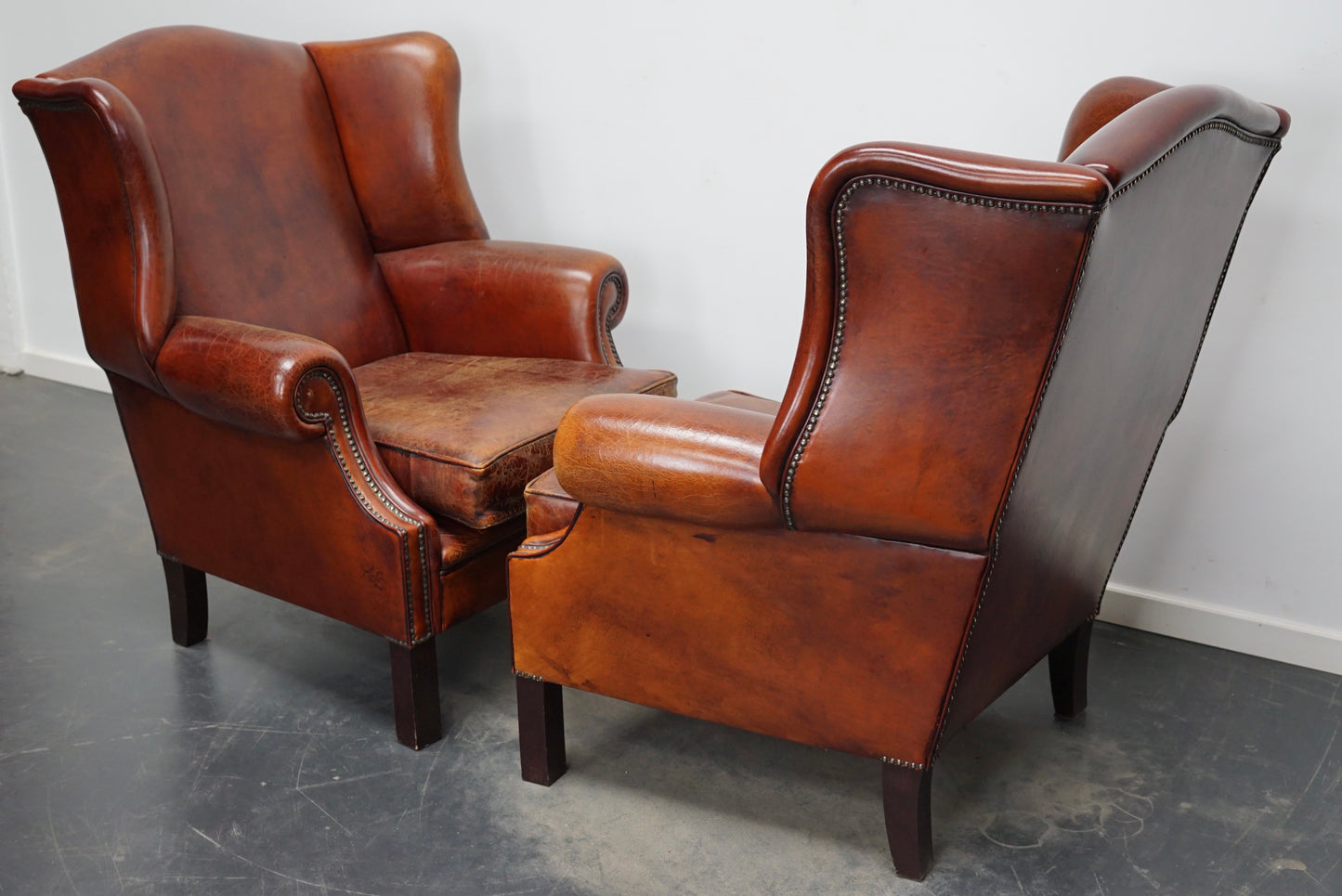 Vintage Dutch Cognac Leather Wingback Club Chairs, Set of 2
