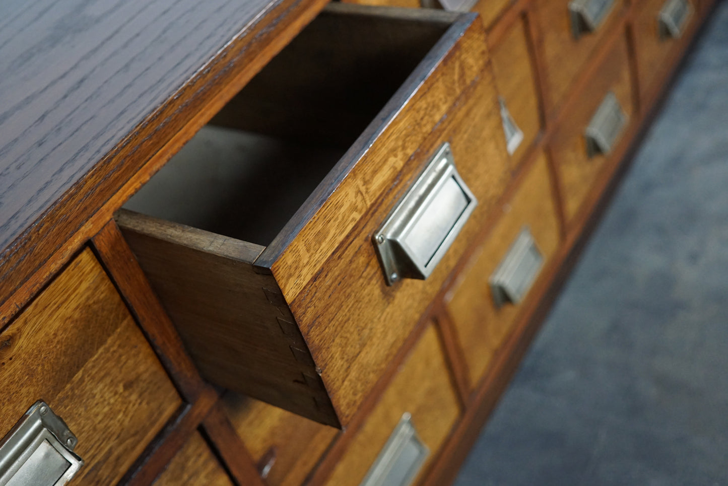 German Industrial Oak Apothecary Cabinet / Lowboard, Mid-20th Century