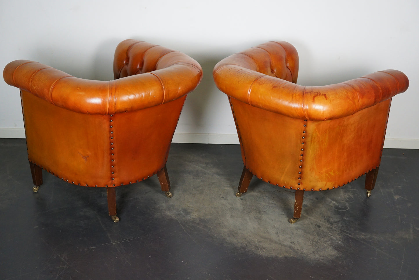 Vintage Dutch Chesterfield Cognac Leather Club Chairs, Set of 2